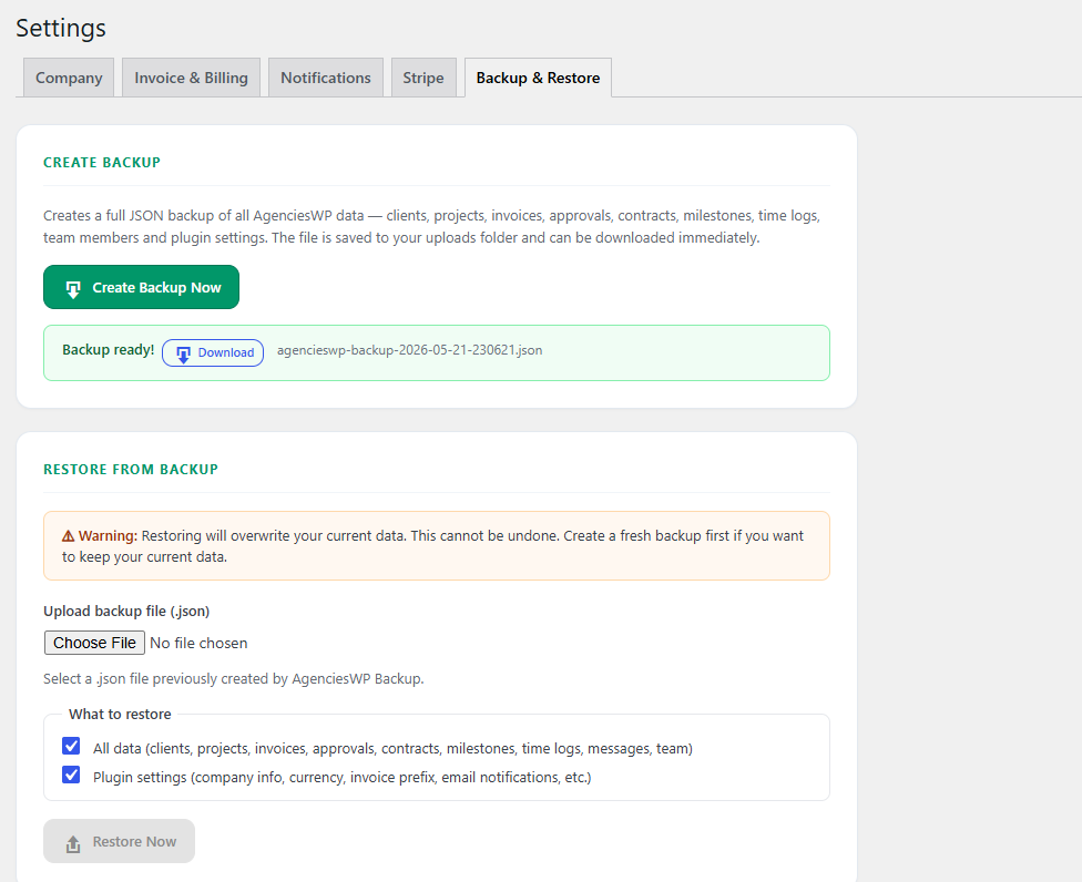 AgenciesWP JSON backup and restore system with download and version history