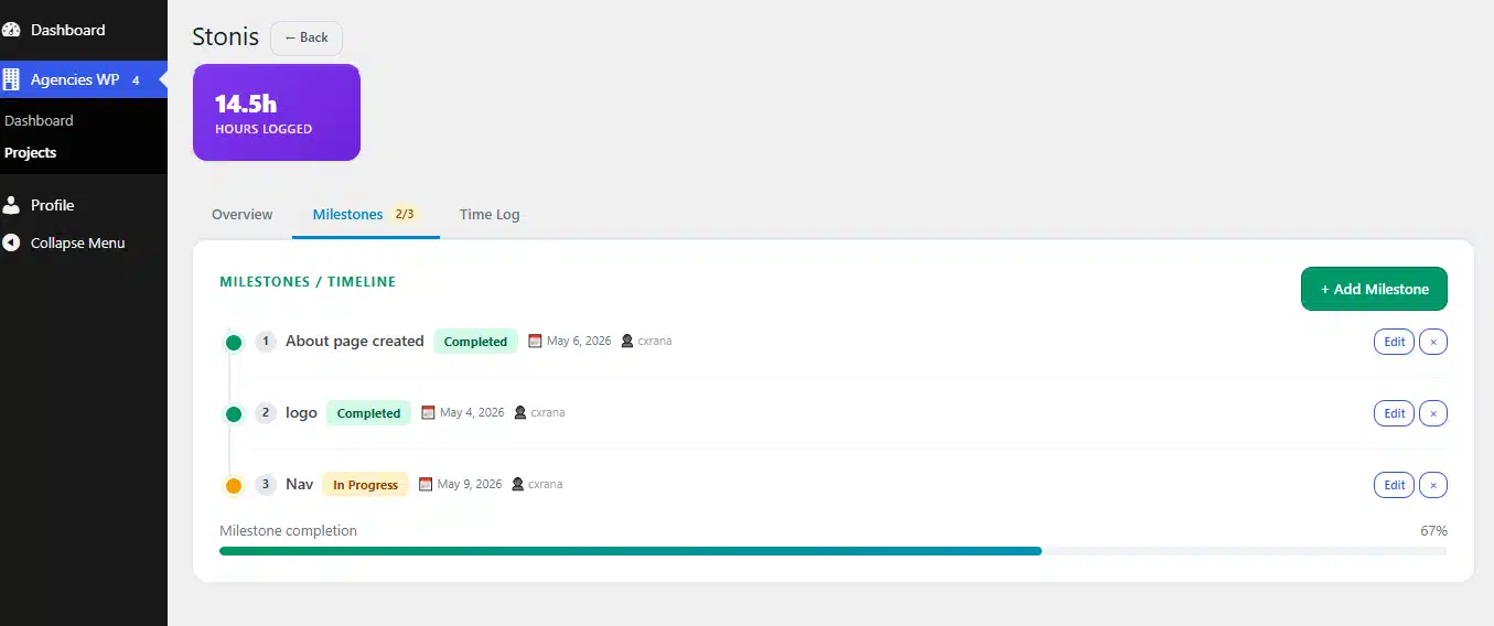 AgenciesWP Developer role dashboard - shows only assigned projects