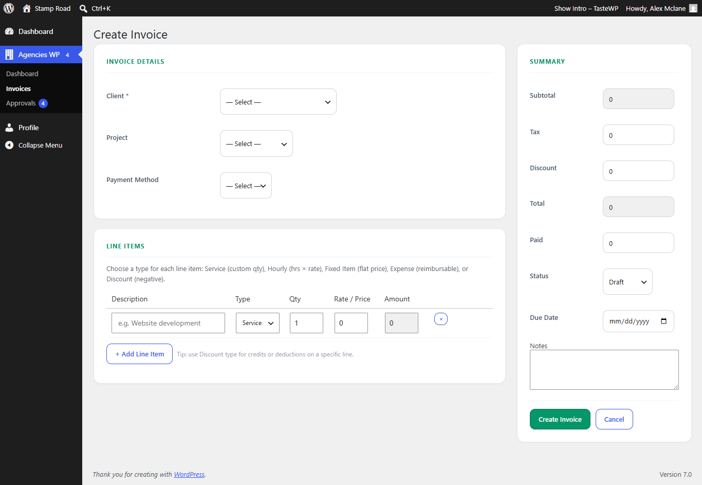 Stripe invoicing in the best WordPress agency plugin