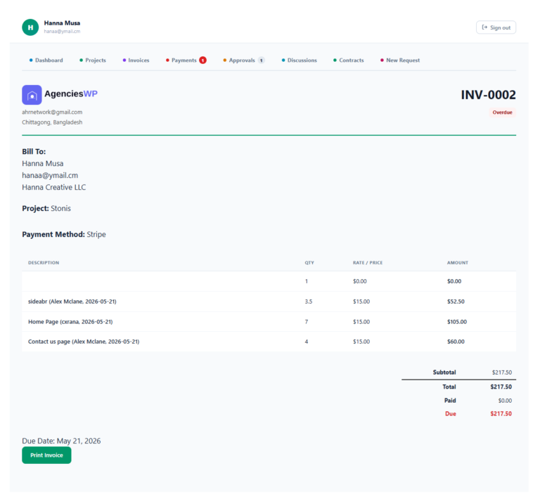 WordPress invoice plugin showing Stripe payment button and invoice status badges