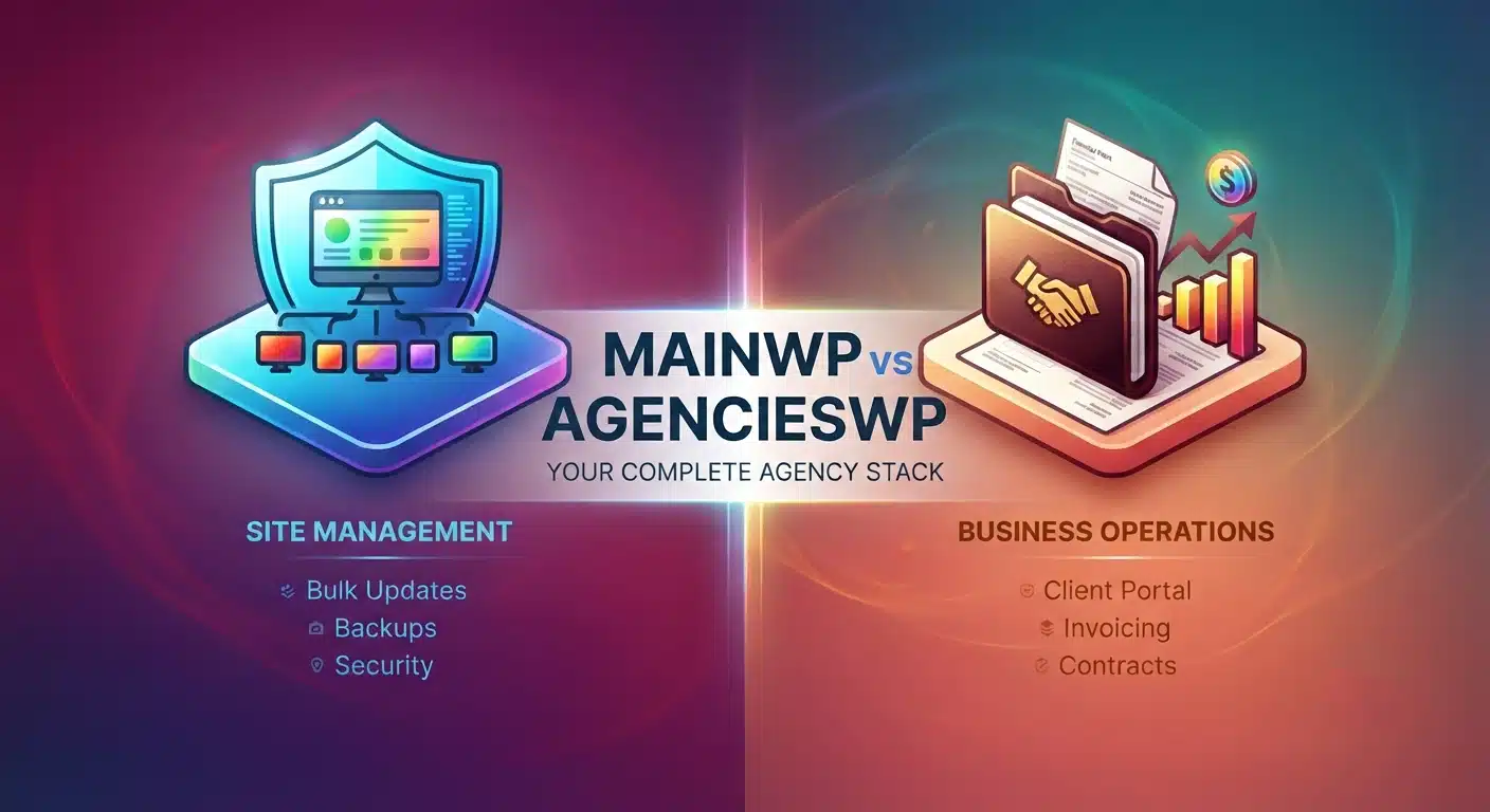 MainWP multisite dashboard next to AgenciesWP client management dashboard